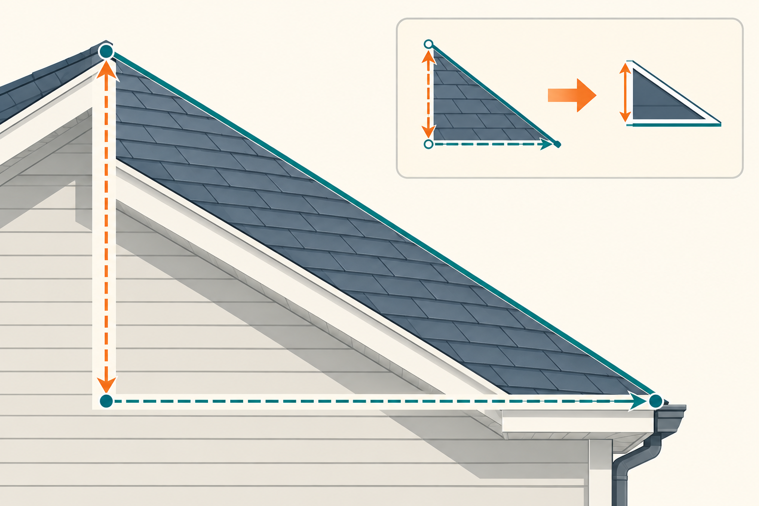 Roof slope shown as a right triangle with vertical rise, horizontal run, and a smaller diagram showing the measurement converted to a pitch ratio.