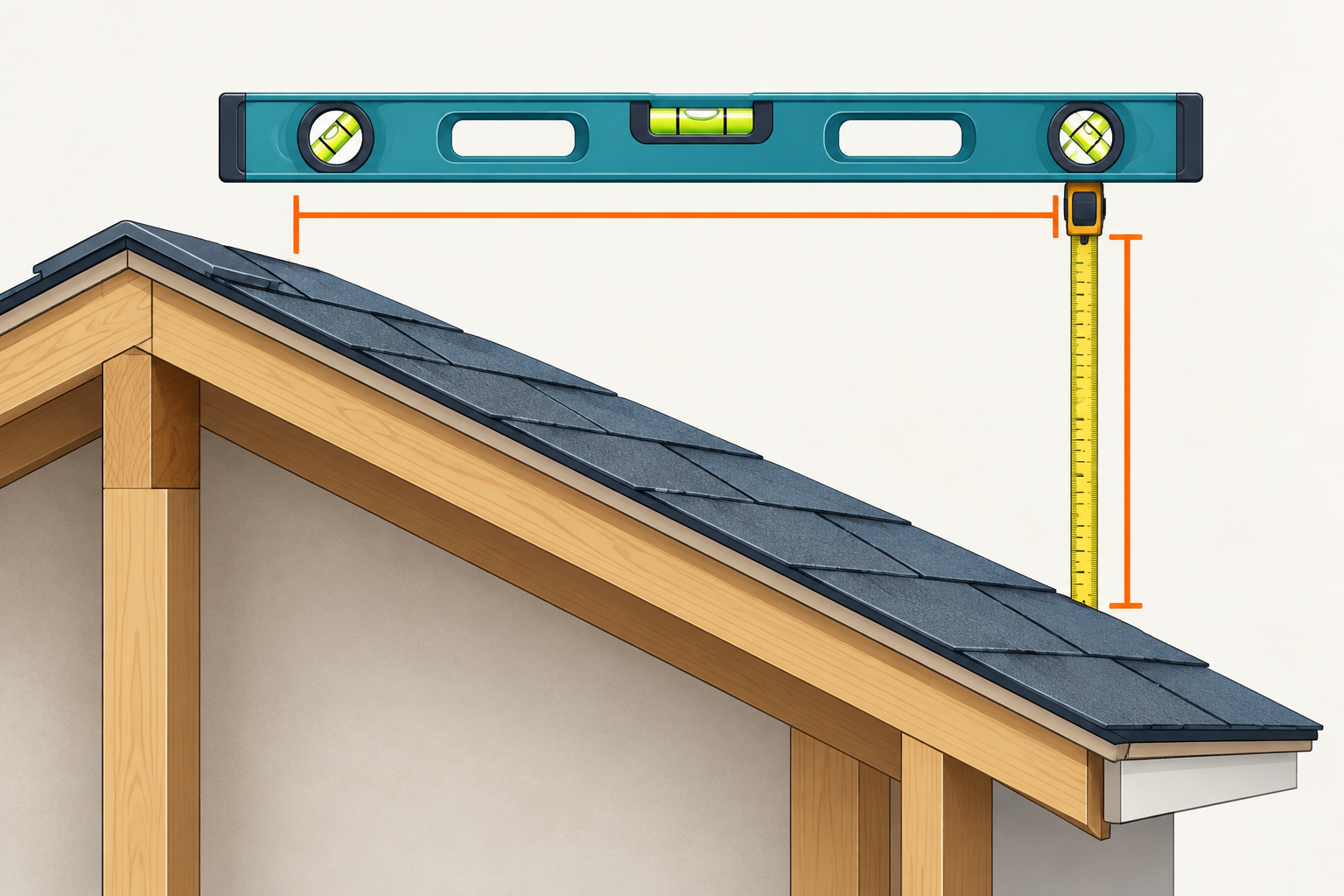 A level held horizontally above a roof surface, with a horizontal baseline and a vertical tape measurement showing roof rise.