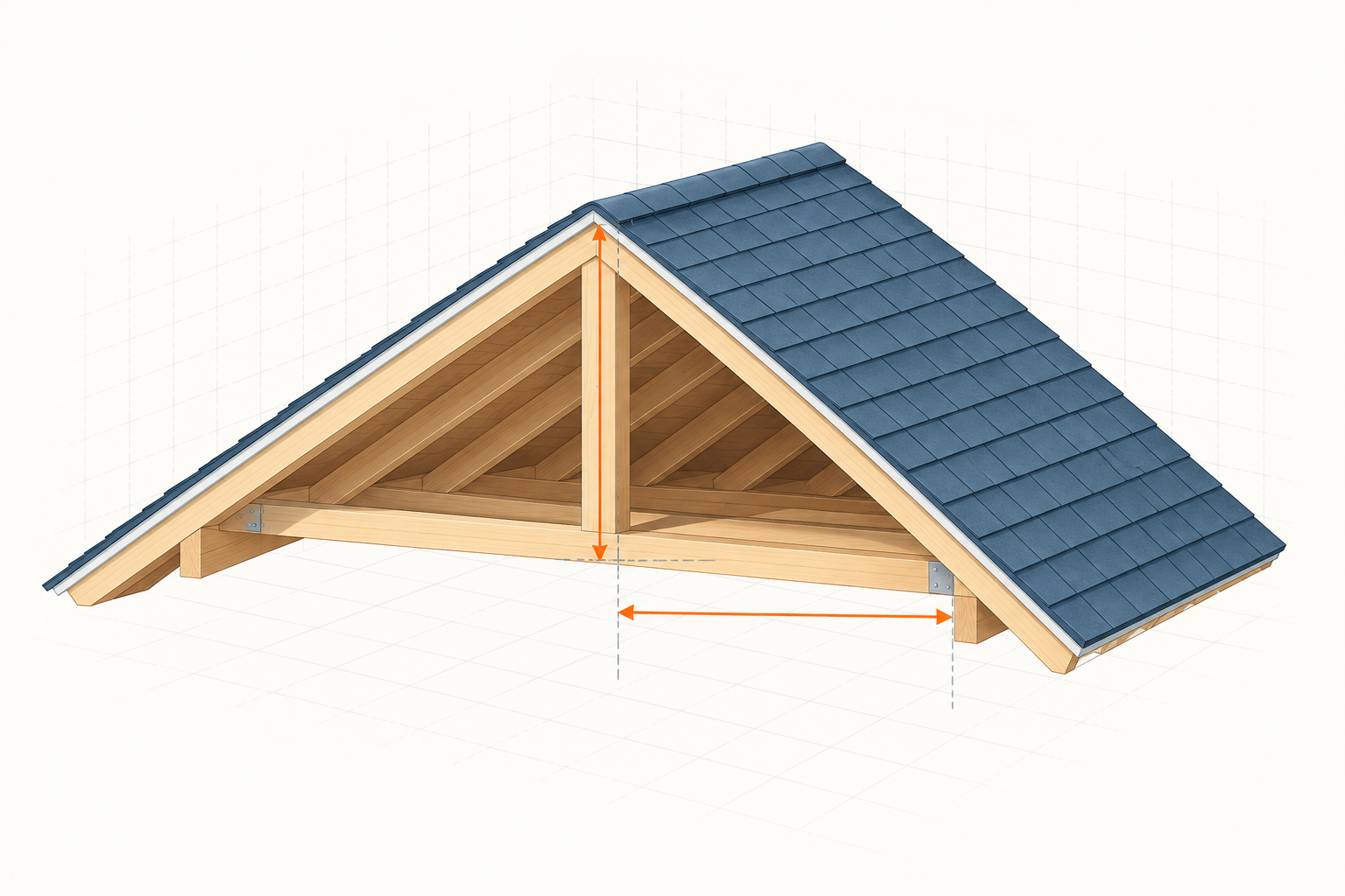 Gable roof geometry showing vertical rise and horizontal run with dimension arrows.